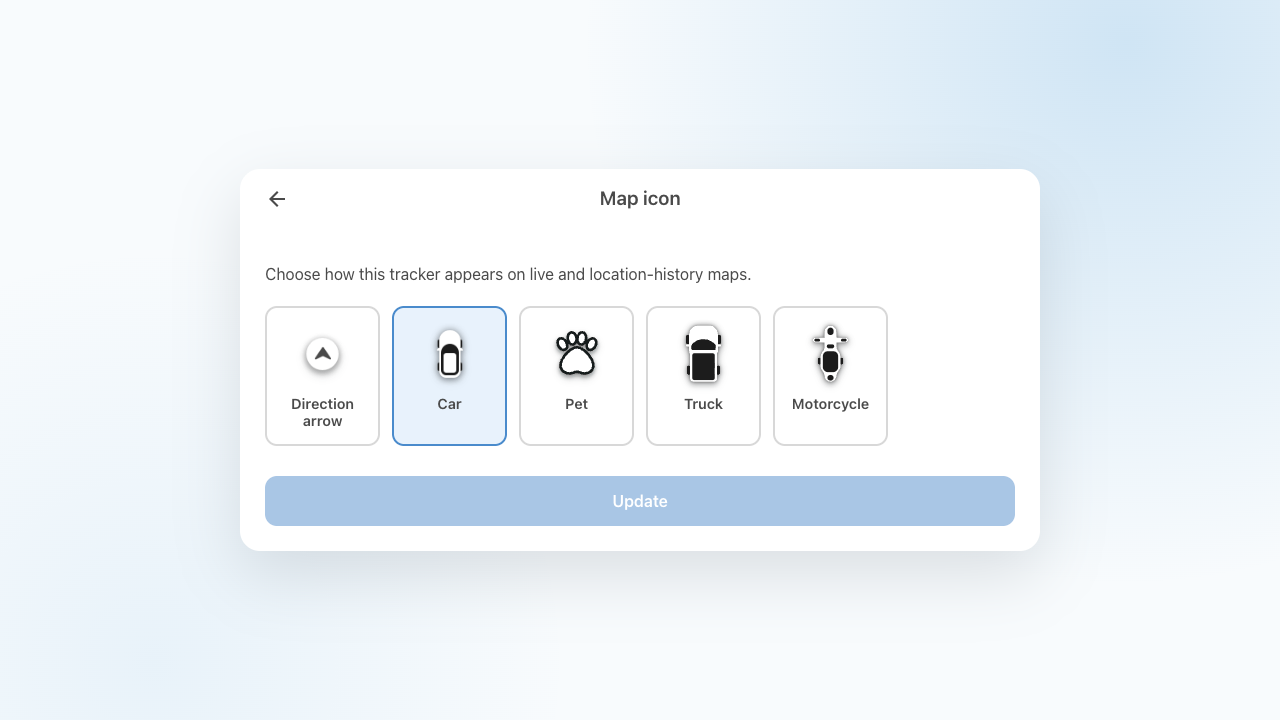 ShieldGPS Map icon chooser showing five tracker icon options