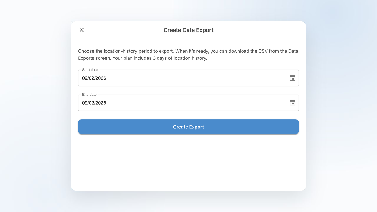 The Create Data Export screen with start and end date fields
