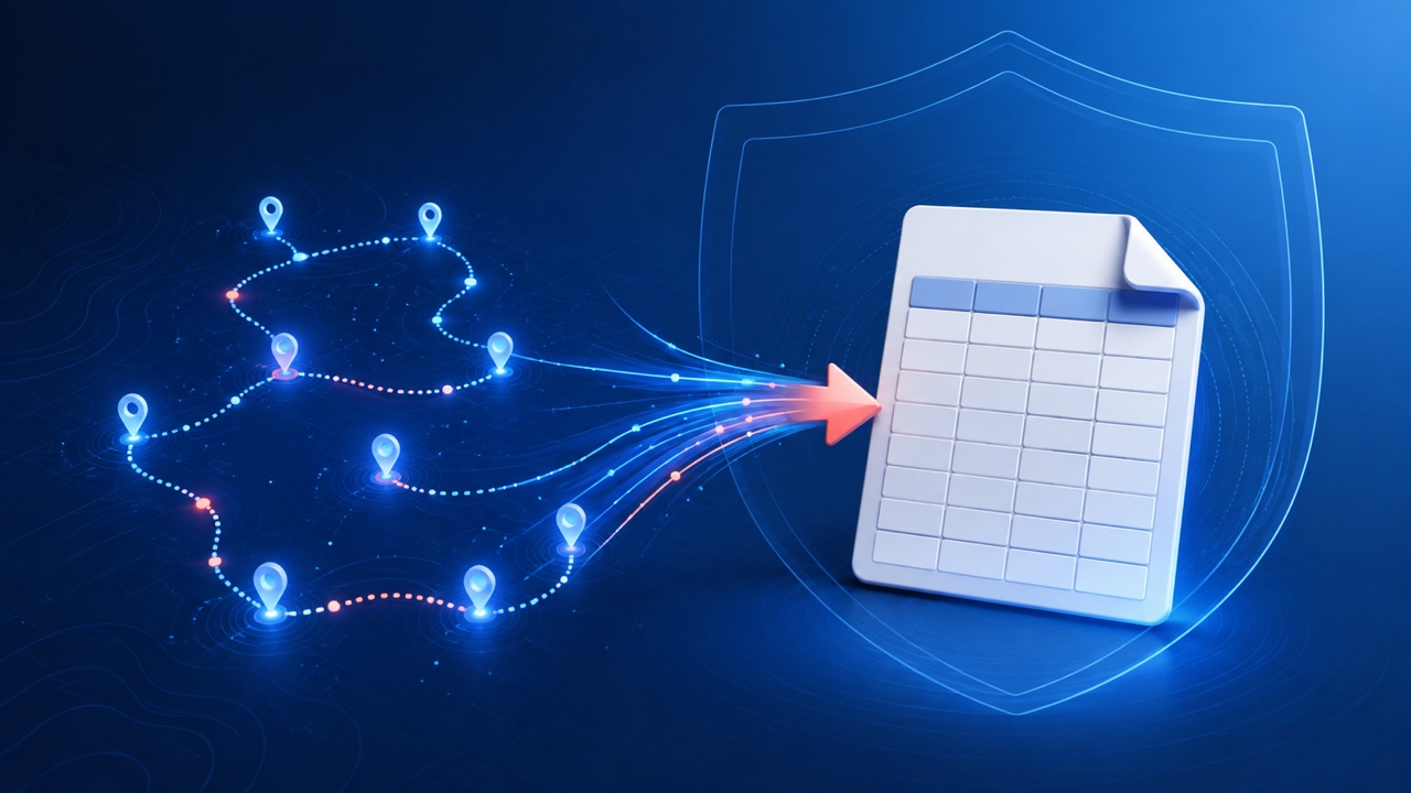 Illustration of location-history points being exported to a CSV spreadsheet