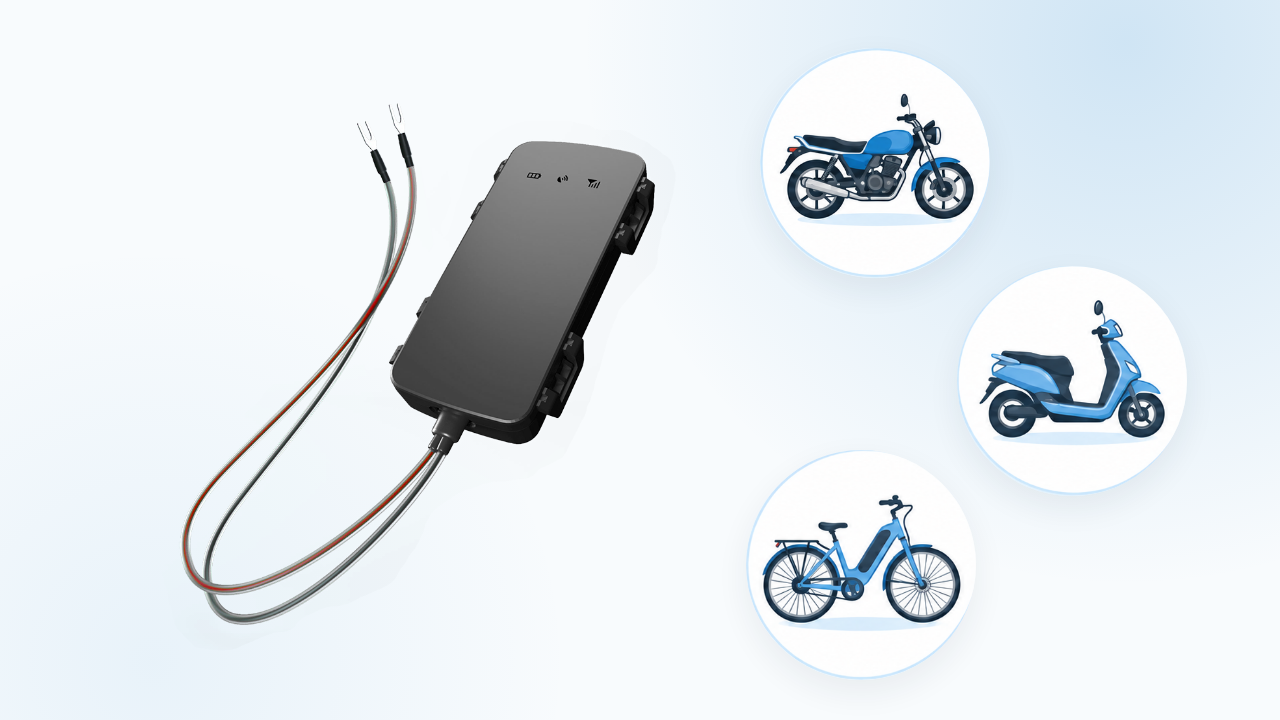 G1C product image beside blue motorbike, scooter and e-bike illustrations in circular badges