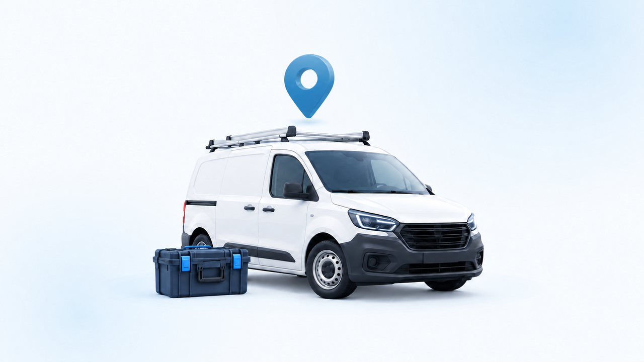 A white work van and equipment case beneath a blue location marker