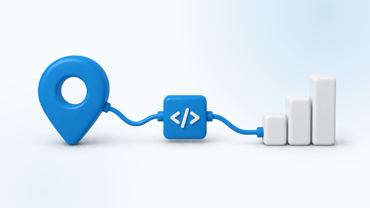 A blue location pin connected through a code symbol to a small bar chart