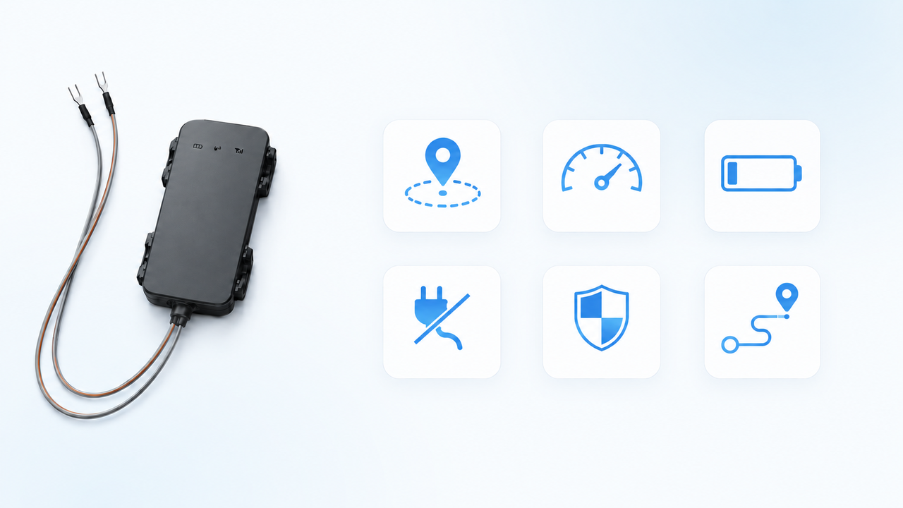 G1C GPS tracker beside six blue alert symbols on white badges